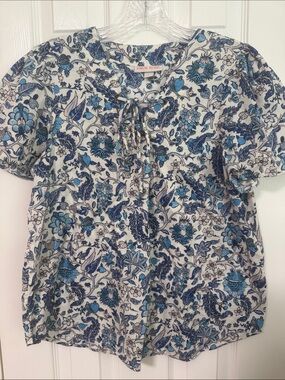 Knox Rose Cream and Blue Floral Tie-Front Blouse